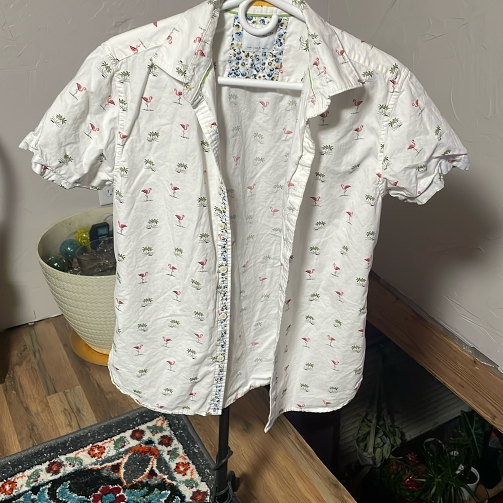 🔴Short sleeve button up flamingo
